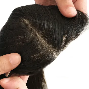 0,8 см Искусственная Кожа спереди Шелковая Основа Натуральные Человеческие Волосы Прямая Основа Для Кожи Женские Топперы 9x14 см Натурального Цвета 3 Зажима в Волосах