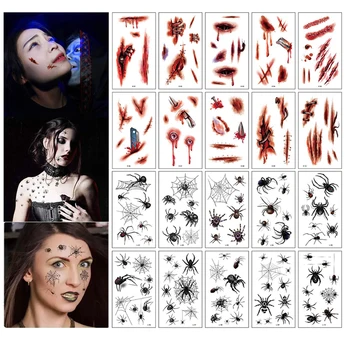10 Листов макияжа для лица на Хэллоуин и ужаса Паук и шрам 3D Дизайн Поддельная временная водонепроницаемая татуировка Наклейка Сцена для праздничной вечеринки