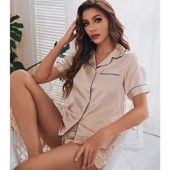 2023 НОВАЯ брендовая Летняя пижама для женщин в полоску, однотонные базовые шорты с короткими рукавами, повседневный женский комплект домашней одежды