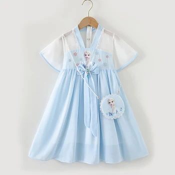 2023 Новое платье принцессы Эльзы для маленьких девочек, летнее детское праздничное платье с короткими рукавами, детское вечернее платье Frozen от 3 до 8 лет