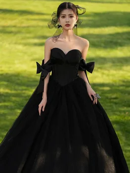 2023 Элегантное вечернее черное длинное тюлевое вечернее платье Vestidos для женщин с открытыми плечами, платья для выпускного вечера, Robe De Soiree