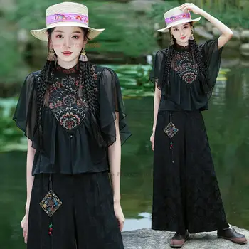 2024 китайская винтажная блузка с национальной цветочной вышивкой женская атласная жаккардовая сетка лоскутная блузка восточная шифоновая блузка