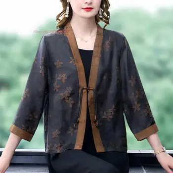 2024 китайская винтажная блузка hanfu natioanl с цветочным принтом, свободный атласный кардиган, восточный ретро чайный сервиз hanfu, пальто, этническая куртка