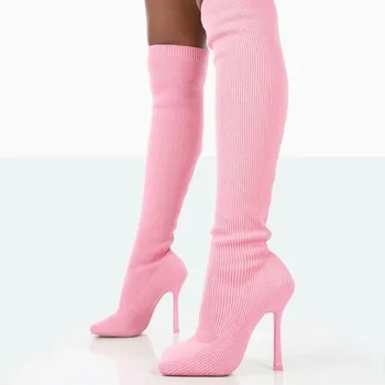 2024 Новые ботинки на тонком высоком каблуке с квадратным носком, вязаные эластичные носки, сапоги выше колена на высоком каблуке, большие 35-43 Повседневные женские ботинки