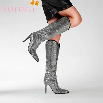 2024 Новые модные женские ботинки большого размера на высоком каблуке-шпильке, украшенные блестящими стразами с острым носком.