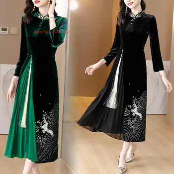 2024 традиционное китайское улучшенное бархатное платье с вышивкой журавля в стиле ципао чонсам в стиле ретро, национальное винтажное вечернее платье для банкета