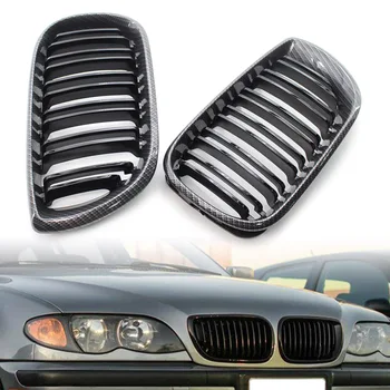 2x Двойная решетка радиатора из углеродного волокна черного цвета с двойными планками для седана BMW E46 2002 2003 2004 2005 Аксессуары для стайлинга автомобилей