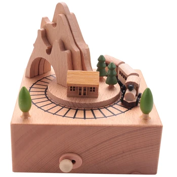 3X Деревянная музыкальная шкатулка с изображением горного туннеля С маленькими движущимися магнитными паровозиками