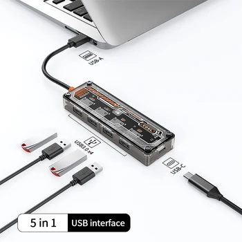 5-в-1 USB-Концентратор Type-C Расширение Концентратора 4 Порта USB 3.0 5 Гбит/с Высокоскоростной Разветвитель Type-C Зарядный Адаптер для Портативных ПК MacBook