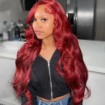 99J Бордовый парик на кружеве из человеческих волос 13X4, прямые парики из человеческих волос на кружеве красного цвета для женщин, парик на кружеве