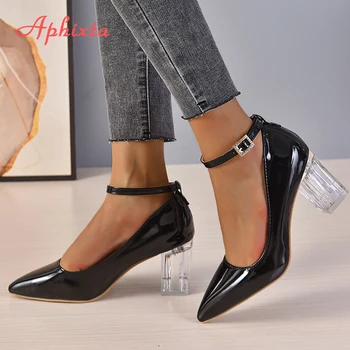 Aphixta / новинка 2023 года, роскошные прозрачные туфли-лодочки на массивном каблуке с пряжкой 7 см, женские туфли-лодочки черного цвета, модные туфли-лодочки с острым носком.