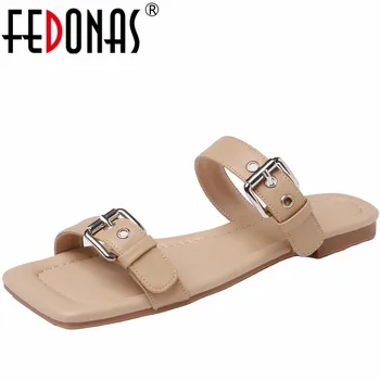 FEDONAS / Новое поступление, женские шлепанцы на низком каблуке, летние босоножки с пряжками из натуральной кожи, удобные женские туфли на плоской подошве, повседневная рабочая обувь для женщин