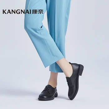 Kangnai/ Женские туфли-оксфорды; кожаные туфли на шнуровке с круглым носком; однотонные женские туфли-дерби на плоской подошве в стиле ретро;