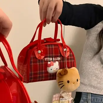 Kawaii Sanrio Bag Cute Hello Kitty Клетчатая Сумка На одно плечо Showa Ретро Y2K Millennium Spicy Girl Милая Ручная Сумка Через плечо