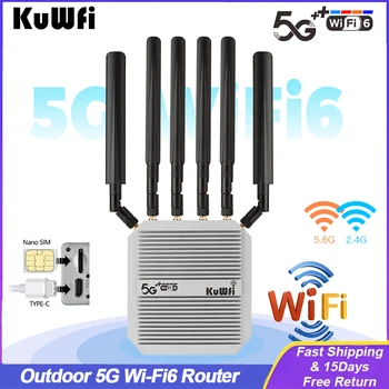 KuWFi Наружный маршрутизатор 5G Двухдиапазонный Беспроводной Wi-Fi, 6 Антенн с высоким коэффициентом усиления, Порт 2,5 G LAN, Слот для SIM-карты, Порт Type-C, Поддержка 48V POE