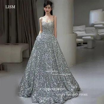 LISM Очаровательные серебристые Корейские вечерние платья для вечеринок, Блестящее Изысканное Длинное платье для выпускного вечера, платье без рукавов в стиле милой девушки