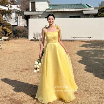 OLOEY Простые вечерние платья из желтой органзы и шелка в Корейском стиле, платье для свадебной вечеринки, фотосессия, Регулируемые бретельки-банты, платья для выпускного вечера, шнуровка