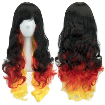 Soowee Черный, красный, желтый, цвет Омбре, вьющиеся волосы, парики для косплея с челкой, костюм для Хэллоуина, парик для женщин