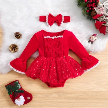 Suefunskry/ Рождественские наряды для маленьких девочек из 2 предметов, комбинезон с кружевной отделкой и длинными расклешенными рукавами, тюлевое платье с блестками и звездами + комплект повязки на голову с бантом