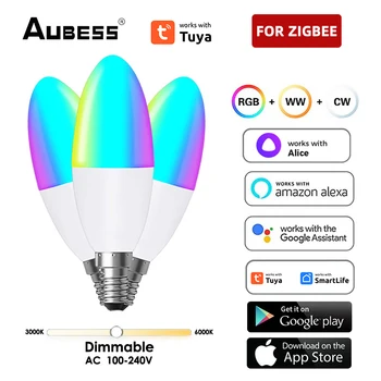 TUYA Zigbee Smart Candelabra Lightbulb E14 RGB + CCT 5 Вт Светодиодная Лампа с Регулируемой Яркостью Голосовое Управление Работа С Alexa Google Home Яндекс Алиса