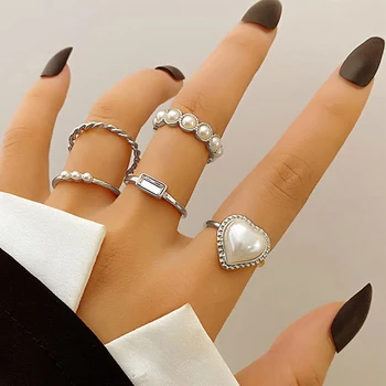 ZOVOLI Креативное простое Элегантное кольцо с жемчужным камнем, Вечерние украшения, Женское кольцо в хвост, Кольцо с жемчугом, набор из 5 предметов