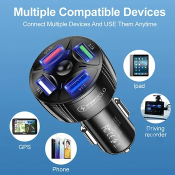 автомобильное зарядное устройство с 4 портами USB Type C Быстрая зарядка QC 3.0 Зарядное устройство Адаптер для телефона для iPhone Huawei Samsung Автомобильные аксессуары
