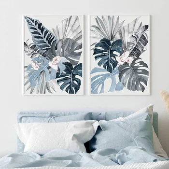 Акварельные листья тропических растений, синяя картина на холсте, настенные художественные плакаты, принты, картина для украшения дома в гостиной, спальне