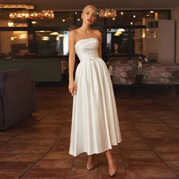 Атласное свадебное платье 2023 с карманами, без бретелек, длиной до щиколоток, простые платья для невесты, на шнуровке сзади, Vestidos Novia Robe De Mariee