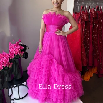 Бальное платье Ella без бретелек с оборками, темно-розовое коктейльное вечернее платье из органзы на заказ с многоуровневыми оборками