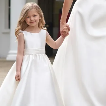 Белое простое платье с цветочным узором для девочек, атласный пояс с V-образным вырезом сзади, бант, детское платье принцессы для девочек, свадьба, День рождения, Первое причастие, праздничное платье