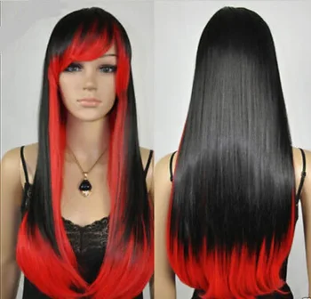 бесплатная доставка Женский длинный прямой Черный Красный микс для костюмированной вечеринки, косплей, парик для полных волос