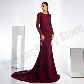 Бордовое кружевное платье Матери Невесты Русалки 2024 с круглым вырезом и длинными рукавами, арабское вечернее платье, платья для гостей на свадьбу