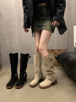 Ботинки на среднем каблуке; Женские осенние ботинки; зимняя обувь с круглым носком 2023 года; Женская резиновая обувь на высоком каблуке выше колена из кожи хлопчатобумажной ткани;