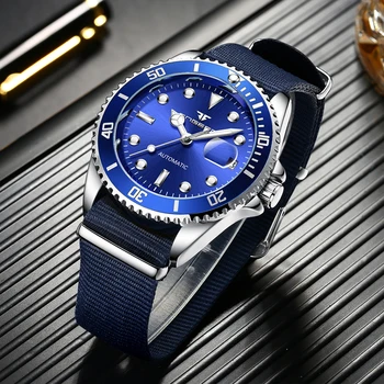 Бренд FNGEEN Ярко-синие механические часы для мужчин с роскошным нейлоновым ремешком, автоматические часы с датой, мужские водонепроницаемые часы Relogio Masculino