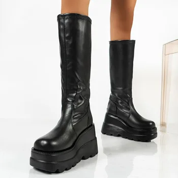 Брендовые женские ботинки на платформе в стиле панк, женские ботинки до середины икры на толстом каблуке из эластичной микрофибры, демисезонный бренд, Черная женская обувь в готическом стиле