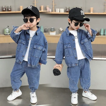 Весенне-осенние детские ковбойские комплекты, новинка 2023 года, корейская версия одежды для подростков, детская одежда, джинсовое пальто из двух предметов для мальчиков, повседневная куртка