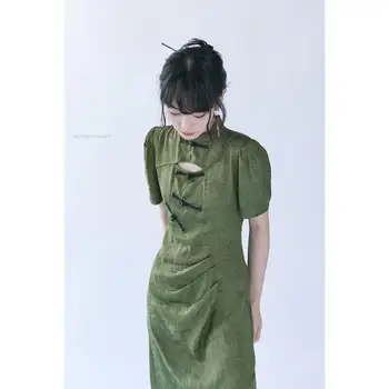 Весеннее Новое платье Ципао в китайском стиле, улучшенная мода, винтажное платье Чонсам для девочек, зеленое модное повседневное платье