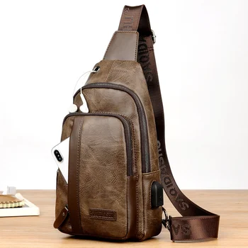 Винтажная мужская нагрудная сумка с USB-зарядкой, большая вместительная кожаная сумка через плечо, мужская уличная модная бизнес-сумка через плечо