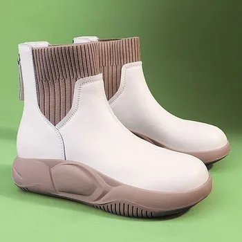 Винтажные женские эластичные носки на плоской подошве с круглым носком, ботинки на среднем каблуке, осенне-зимние ботильоны, кожаные ботинки в британском стиле