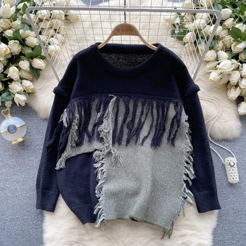 Винтажный свитер VANOVICH контрастного цвета, женский осенне-зимний новый дизайн в стиле пэчворк с кисточками, свободный уличный пуловер, свитер