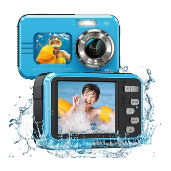 Водонепроницаемая камера 4K, подводная камера с 16-кратным цифровым зумом, Цифровая камера с двумя экранами, селфи 48 Мп для детей с подводным плаванием.