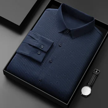 Высококачественная повседневная мужская рубашка ice Silk с принтом в деловом стиле, облегающая рубашка ice Silk с длинным рукавом, без утюга.