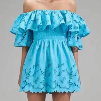 Высококачественные летние женские модные бирюзово-голубые кружевные мини-платья с рукавами-бабочками и фестончатой каймой, украшенные оборками, с разрезом на шее, 2023 г.
