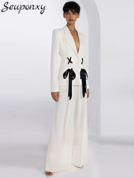 Высококачественный 2024 Новый женский модный блейзер Slim Fit, сексуальный комплект с V-образным вырезом и длинным рукавом, широкие брюки с перекрестной шнуровкой, комплект из 2 предметов