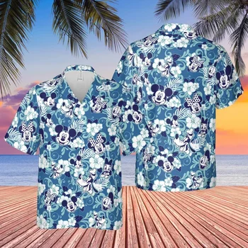 Гавайская рубашка Aloha с цветочным рисунком от Disney Mickey Mouse, Летняя рубашка на пуговицах, Семейная гавайская рубашка Summer Trip, рубашка с Микки Маусом