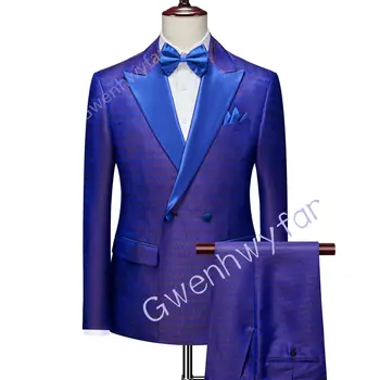Гвенвифар Жених Свадебная двойка Королевский синий узор из высококачественной ткани Двубортный костюм Для вечеринки Деловой смокинг Пиджак