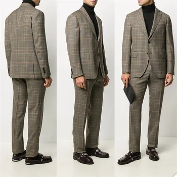 Двойка, бежевые мужские костюмы в современную британскую клетку, сшитые на заказ, Красивые весенние костюмы, облегающее официальное деловое пальто + брюки