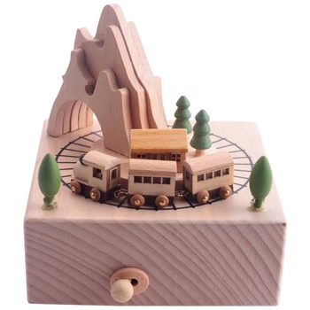 Деревянная музыкальная шкатулка с изображением горного туннеля с маленькими движущимися магнитными паровозиками