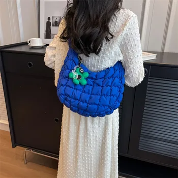 Женская клетчатая стеганая сумка через плечо с подвеской, однотонная сумка через плечо с рюшами, Корейская хлопковая сумка-ранец с вышивкой пузырями, сумка подмышками