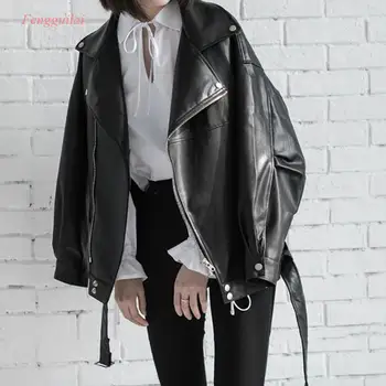 Женская куртка на молнии из искусственной кожи Oversize 2020 в стиле локомотив BF, свободная весенняя черная